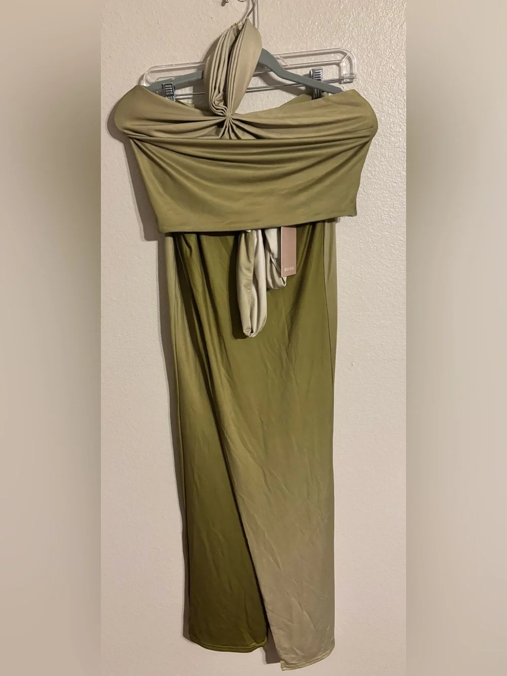 Meshki Bronwyn Halter Crop Top & Ruched Maxi Skirt Set in Ombré Vintage Olive